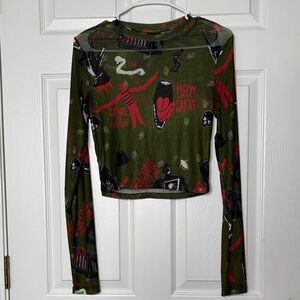 A Nightmare On Elm Street Mesh Sheer Graphic Long Sleeve Crop Top - Green Size M